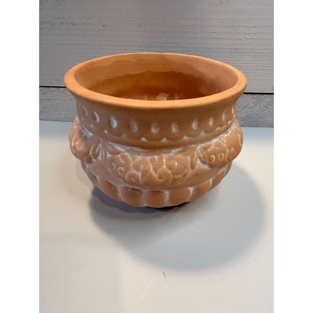 Handcrafted Terracotta Planter Pot Raised Folk Art Design Drainage Holes 4.5in